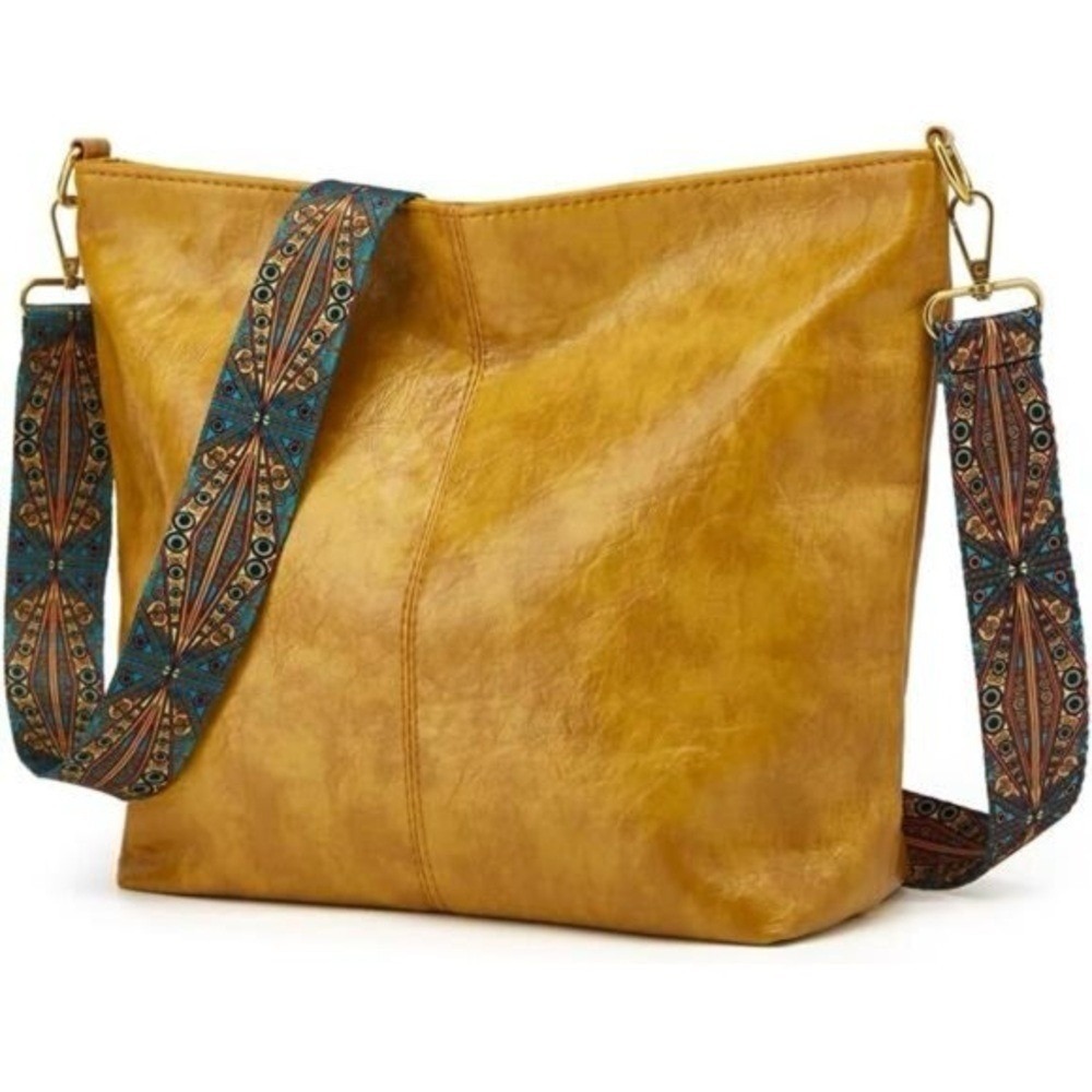 Retro Tan Vegan Leather Hobo Large Crossbody With a Patterned Adjustable Strap.